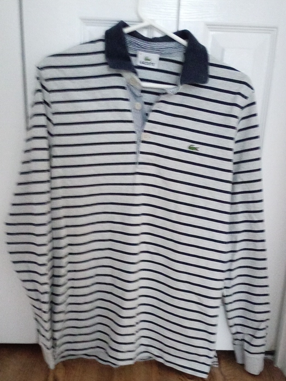Lacoste White & Navy Striped Long-Sleeve Polo
